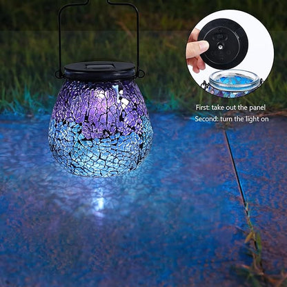 Bshine Mosaic Solar Lantern Outdoor Hanging Waterproof, Colourful Glass Purple Lantern Valentine's Day Indoor Decor Table, Garden Decor for Yard Outside, Lawn, Birthday Gift for Mom Women Gardening