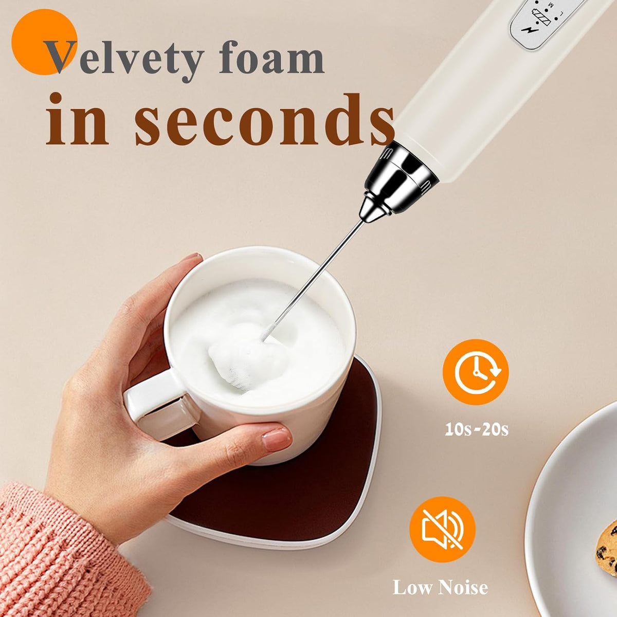 Milk Frother Handheld Rechargeable with Stand, Frother Wand Drink Mixer Electric Whisk for Coffee, Detachable With 3 Stainless Whisks