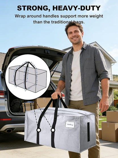 80 Pack Large Strong Moving Bags with Zippers & Carrying Handles - Water-Resistant - Heavy Duty Storage Tote for Space Saving, Fold Flat, Alternative to Moving Box (Silver)
