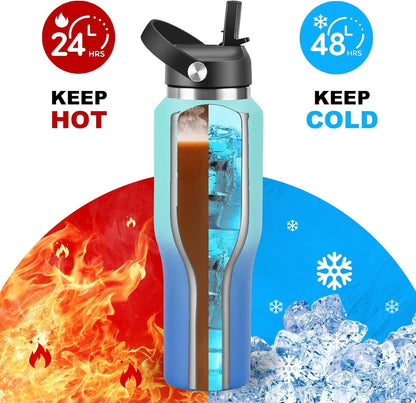 40 oz Insulated Water Bottle with Straw fit in Car Cup Holder(Cold 48 hrs, Hot 24 hrs) Drinking Bottle with Straw Lid
