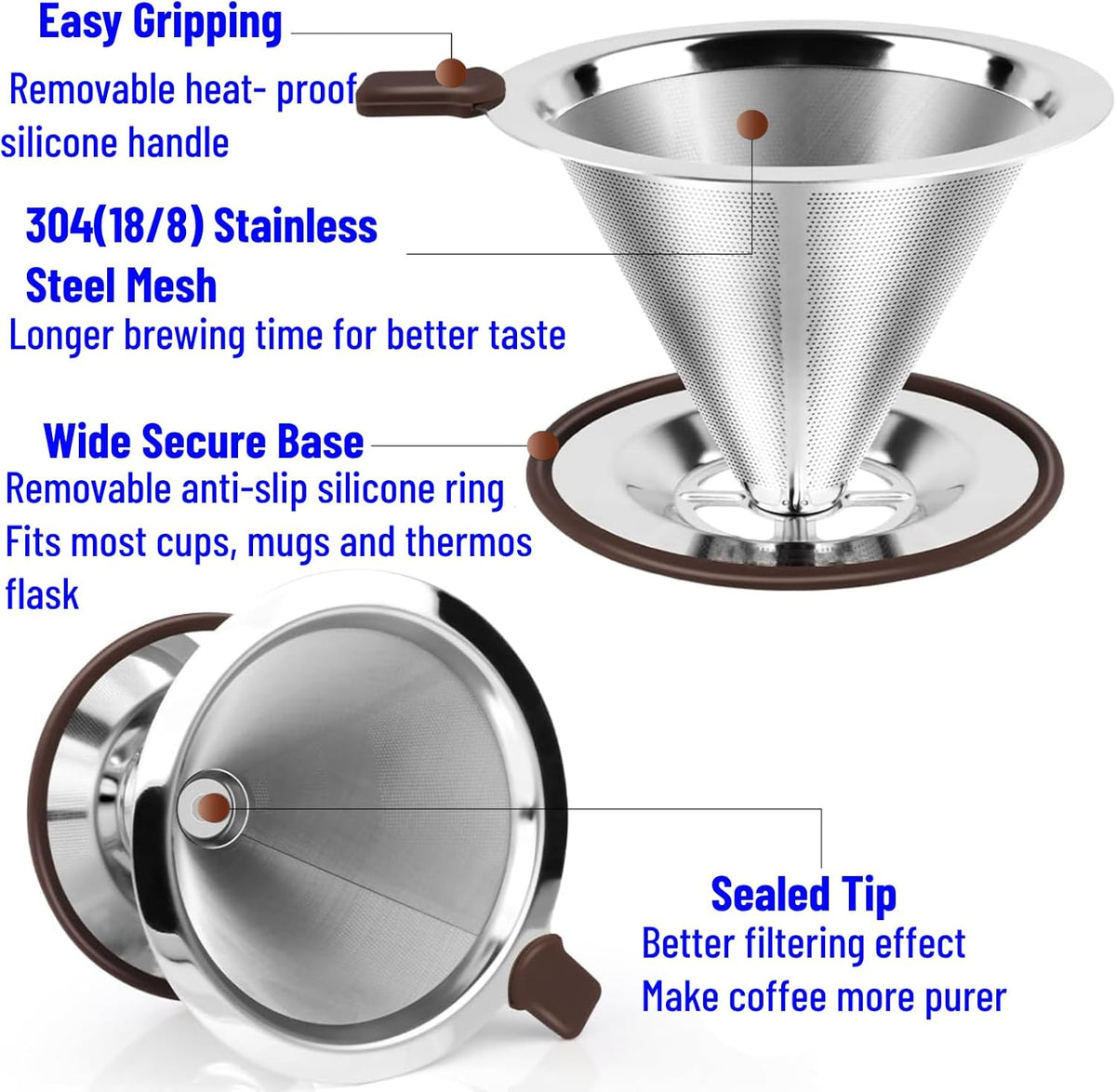Reusable Paperless Coffee Filter V60,Coffee Dripper,Professional Stainless Steel Drip Cone Brew Coffee Strainer,Double Micro Mesh Filter