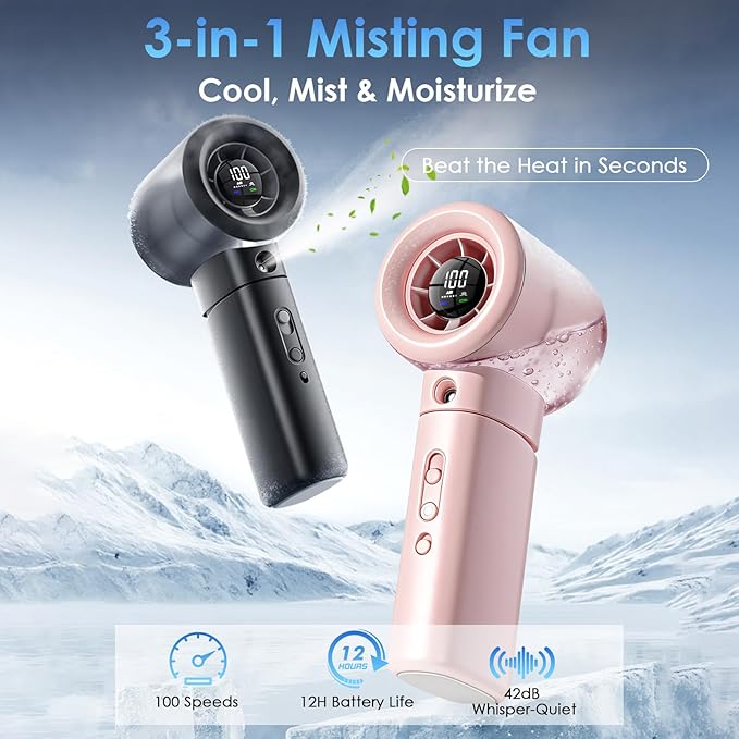 Portable Misting Fan Handheld Powerful Turbo Fan, 100 Speeds, 6000mAh Rechargeable Battery, LED Display, Spray Mist Personal Mini Fan for Travel, Beach, Outdoor Camping (LightPink)
