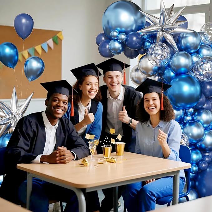Blue Silver Balloon Arch Kit, 130Pcs Navy Blue Metallic Blue Silver Balloons with Foil Star Confetti Balloons for College High School Graduation Decorations Class of 2026