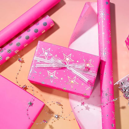 WRAPAHOLIC Pink Girls Wrapping Paper Roll - Mini Roll - 3 Roll - 17 Inch x 120 Inch - Foil Wrapping Paper for Kids Girls Birthday, Baby Shower, Wedding, Bridal Shower