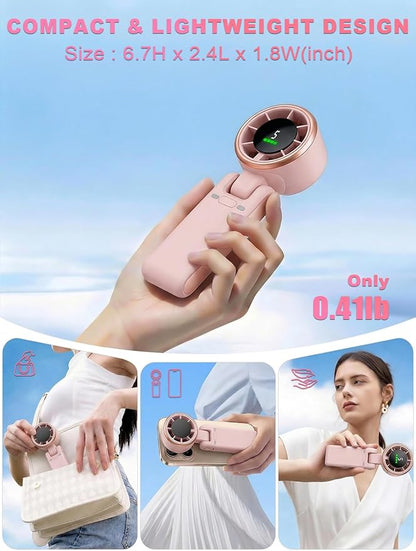 Portable Handheld Turbo Fan, 5 Gear Wind, Battery Operated, Up to 13 Working Hours Rechargeable Fan, 3 IN 1 Hand Fans with Air Turbo Tech Cooling Fan for for Travel, Beach, Outdoor - Pink