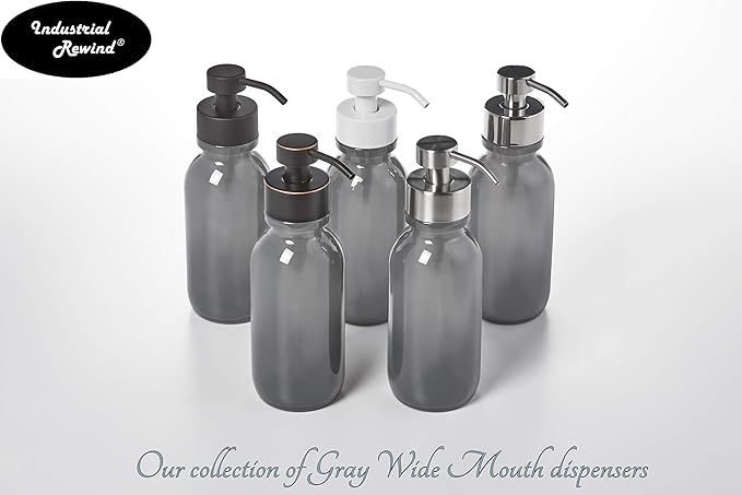 Gray 16oz Glass Soap Holder with Chrome Pump for Foaming Soap, Includes Non Slip Counter Protector, Dispenser for Foaming Bath or Hand Soap by Industrial Rewind® (Gray/Chrome)
