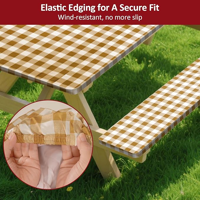 6ft Picnic Table and Bench Cover, Camping Essentials RV Gear, 72 in Waterproof Windproof Outdoor Elastic All Around Tablecloth, Fitted Rectangle Tables and Seats, Coffee-White Checkered