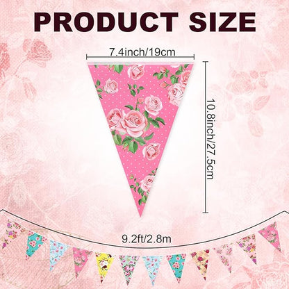 72 Pcs Vintage Floral Paper Bunting Banner Garland Bandana Pennants Outdoor Bunting Banner for Tea Party Decorations Flower Garden Yard Baby Shower Bridal Wedding Party Decorations