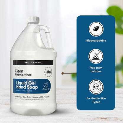 Clean Revolution Liquid Gel Hand Soap, Silky Rich Liquid, Quick Lather, Fast Rinsing, (Fragrance Free) 128 Fl Oz
