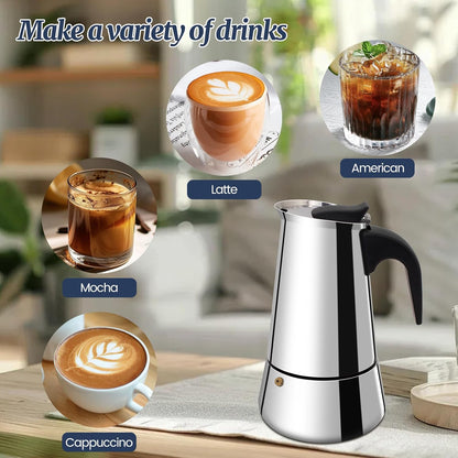 4 Cup Moka Pot Stainless Steel 200ml Italian Espresso Coffee Maker Stovetop CoffeeMakers Mocha Pot Percolator for Induction Stove Classic Cafe Makers