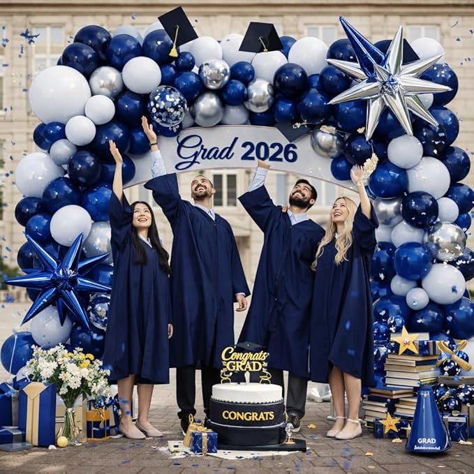 Tesochye 152 pcs Blue White Silver Balloon Garland Arch Kit,Navy Blue Silver Confetti Balloons with Exploding Star Balloons for Graduation Class of 2026 Birthday Wedding Retirement Party Decorations