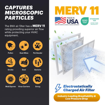 BNX TruFilter 16x16x1 Air Filter MERV 11 (6-Pack) - MADE IN USA - Allergen Defense Electrostatic Pleated Air Conditioner HVAC AC Furnace Filters for Allergies, Dust, Pet, Smoke, Allergy MPR 1200 FPR 7