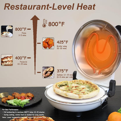 12" Electric Pizza Oven - Countertop Pizza Maker with Ceramic Stone, Heats up to 800°F, Portable Indoor Pizza Oven for Homemade Pizzas, White