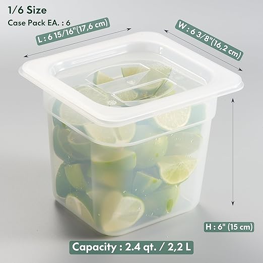 CURTA 6-Pack 1/6 Size 6" Deep Food Pan with Sealing Lid – NSF Commercial-Grade Translucent Polypropylene, Stackable Freezer-Safe Storage for Restaurants, Catering & Buffets