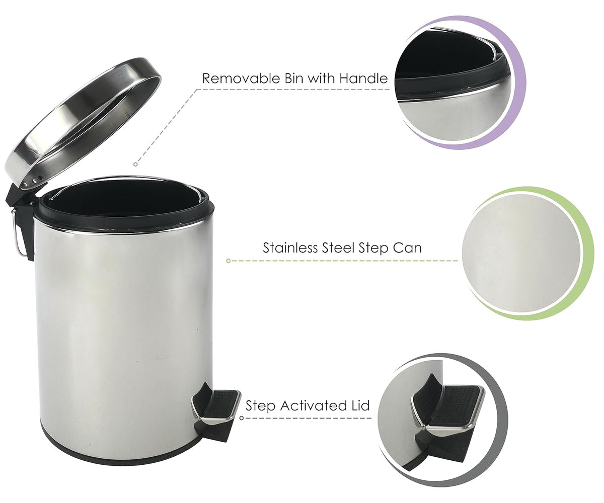 Stainless Steel Small Trash Can with Lid & Step Pedal - 5 Liters/1.3 Gallon Soft Close Waste Basket with Removeable Inner Bucket - Garbage Can for Bathroom, Bedroom, Kitchen & Office (Chrome)
