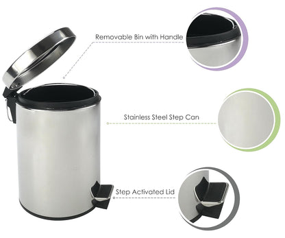 Stainless Steel Small Trash Can with Lid & Step Pedal - 5 Liters/1.3 Gallon Soft Close Waste Basket with Removeable Inner Bucket - Garbage Can for Bathroom, Bedroom, Kitchen & Office (Chrome)