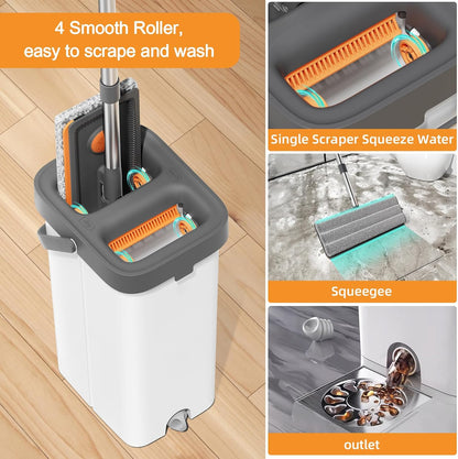 MOPALL Mop and Bucket with Wringer Set for Home, Hands-Free Flat Mop and Bucket Set for Floor Cleaning and Window Wall Cleaner, Wet and Dry Mop with 61" Long Handle and 3 Microfiber Pads