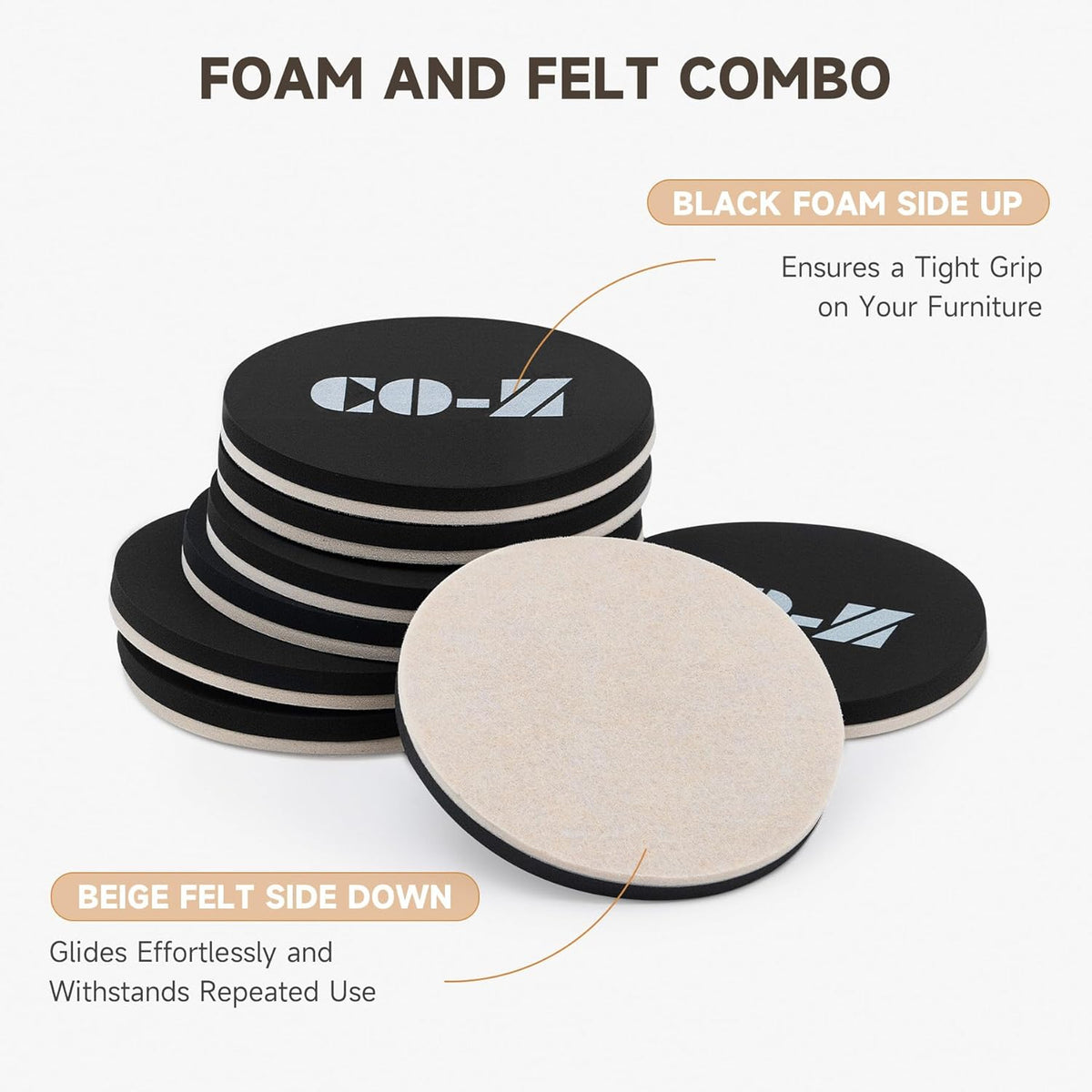 CO-Z 8pcs Felt Furniture Sliders for Hardwood Floors, 4 3/4 in Reusable Furniture Pads, Heavy Furniture Movers Sliders for Hard Surfaces, Thick Moving Pads Floor Protectors for Vinyl Tile Floors