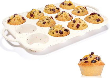 Silicone Muffin Pan, Metal Reinforced Frame Regular Size 2.8 Inch Cupcake Pan with Handle 12 Cups Nonstick Muffin Tray for Baking BPA Free 1 Pack