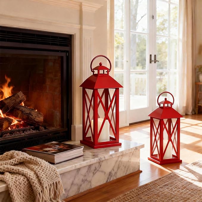 Decorative Lanterns Outdoor Candle Lantern 13.5" Waterproof Battery Powered LED Hanging Lanterns with Flameless Candle for Front Porch, Entrance, Indoor, 2 Pack