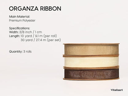 Vitalizart 3/8" x 30Yd Champagne & Nude Organza Ribbon Christmas Sheer Ribbons Set 10 Yd x 3 Rolls Handmade Eco-Friendly for Christmas Gift Wrapping Tree Decor Bows Wreaths