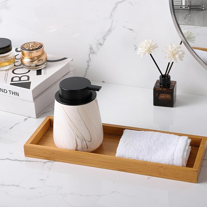 12Oz Ceramic Liquid Soap Dispenser - Modern Lotion Hand Soap Dispenser with Easy-to-Press Black Pump, Reusable and Refillable Dish Soap Dispensers for Bathroom & Kitchen, Marble Brown
