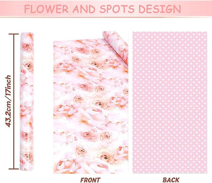 Pink Flower Wrapping Paper, Reversible Pink Wave Point Baby Girl Women Wrapping Paper Gift Wrap for Birthday, Valentines, Mothers day, Graduation, Wedding, Fathers day, Baby Shower (17in x 32.8ft)