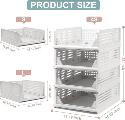 Goderewild Stackable Foldable Storage Baskets, Folding Storage Bins, Closet Organizers and Plastic Drawer Shelf Storage Container for Wardrobe, Cupboard, Kitchen, Bathroom, Office (White, 4S)