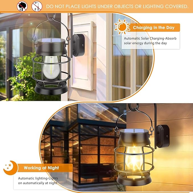 TomCare Solar Lanterns Lights Outdoor Waterproof Metal Hanging Solar Lights Lantern for Outdside Decorative Patio Porch Garden Lawn, 2 Pack (Warm White)