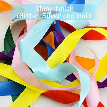 TONIFUL 1 Inch x 60yds Rainbow Satin Ribbon Rolls 12 Colors Solid Color Fabric Ribbons for Gift Wrapping Invitation Floral Hair Balloons Bows Craft Sewing Party Wedding Birthday Decoration (5yd/Roll)