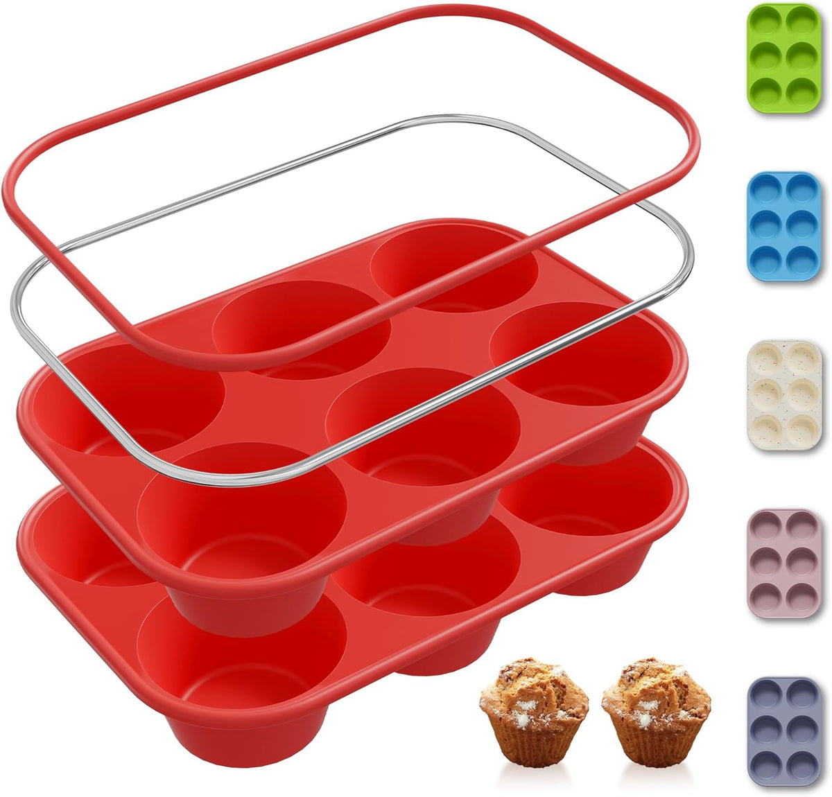2 Pack 6 Cups Silicone Mini Muffin Pan with Metal Reinforced Frame Silicone Molds Cupcake Cake Baking Pans Cookie Baking Chocoflan Cupcake Mold Cake