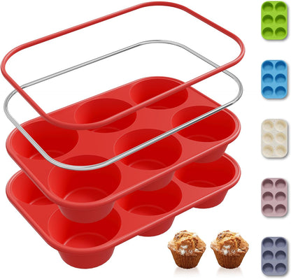 2 Pack 6 Cups Silicone Mini Muffin Pan with Metal Reinforced Frame Silicone Molds Cupcake Cake Baking Pans Cookie Baking Chocoflan Cupcake Mold Cake