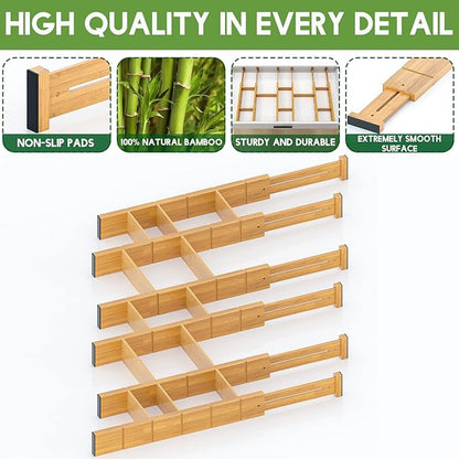 Bamboo Drawer Dividers with 12 Inserts, 16.3-22inches, Expandable Organizer, Adjustable Separators for Bedroom, Bathroom, Dresser 6 Pack