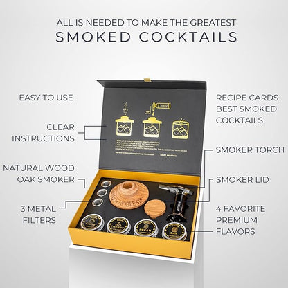 NOBLESIP® Whiskey Bourbon Smoker Kit 𝗣𝗥𝗘𝗠𝗜𝗨𝗠 Smoky bar Set. Made from Natural American Oak Wood. Easily Make The Legendary Smoked Cocktails and Old fashioneds at Home. New Year Home bar Gift!