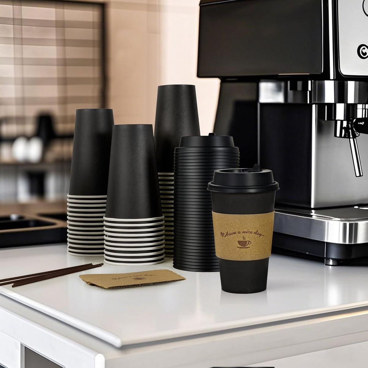 Litopak 500 Pack 16 oz Disposable Coffee Cup with Lids, Sleeves, and Stirring Sticks, Black Hot Paper Coffee Cups for Home, Travel, Office, Party