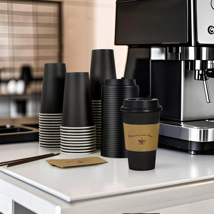 Litopak 500 Pack 16 oz Disposable Coffee Cup with Lids, Sleeves, and Stirring Sticks, Black Hot Paper Coffee Cups for Home, Travel, Office, Party