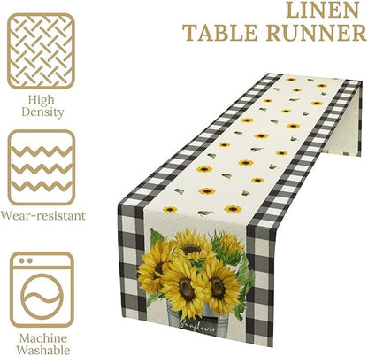 Morden Sunflower Table Runner,White Black Buffalo Plaid Watercolor Summer Flower Plants Leaves Print Table Runner for Kitchen Dining Table Holiday Home Party Decor 13x60in