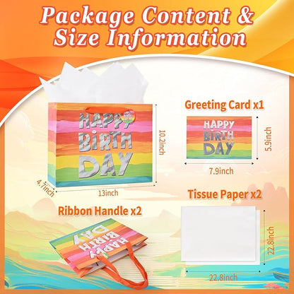 Powbrace 13" Colorful Happy Birthday Gift Bags with with Tissue Paper and Greeting Card for Party,Happy Birthday Gift Bag for Men Women,Gift Bags Medium size (1 PCS Colorful)