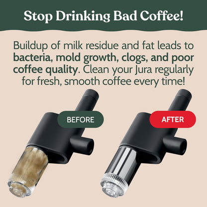 Roobi Compatible Milk System Cleaning Powder for Jura. Specially formulated for Jura Automatic Espresso Coffee Machines. 100% Vegan, Carbon Neutral.
