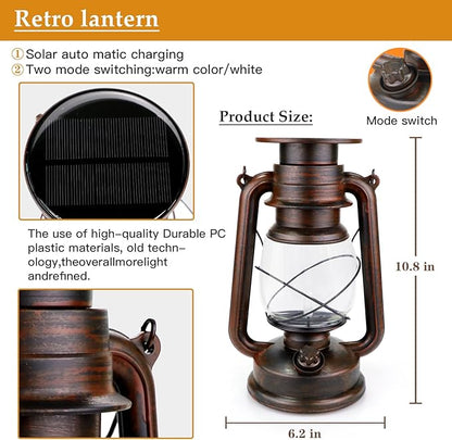 Solar Lanterns Outdoor Waterproof - 2 Pack Hanging Solar Garden Lights, Camping Lamp & Power Outages, Vintage Decor for Patio, Porch, Yard - Two Modes (White & Warm White)