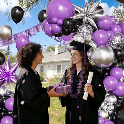 Purple and Black Balloon Arch Kit, 2026 Graduation Decorations, 130Pcs Purple Black Silver Balloons with Foil Star Confetti Balloons for College High School Graduation Decorations Class of 2026