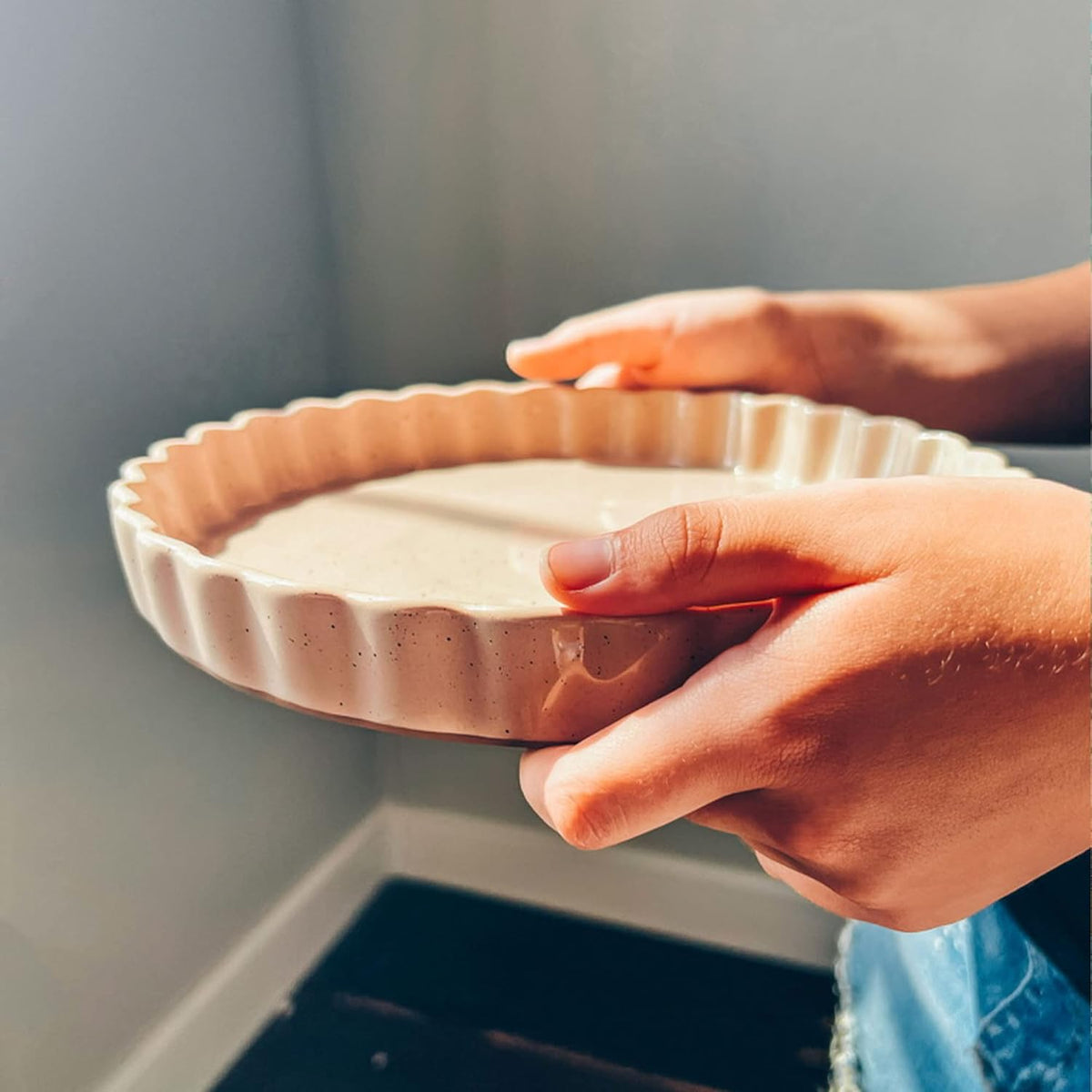 Mora Ceramic Tart Pan, 9.5 Inch Large Porcelain Baking Dish for Tarts, Quiche, Pie, Flan etc. Fluted Ruffled Edge, Oven, Microwave, Freezer