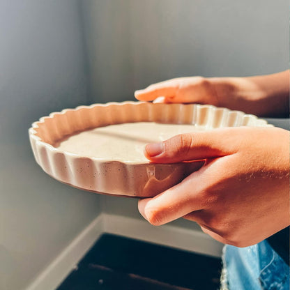 Mora Ceramic Tart Pan, 9.5 Inch Large Porcelain Baking Dish for Tarts, Quiche, Pie, Flan etc. Fluted Ruffled Edge, Oven, Microwave, Freezer