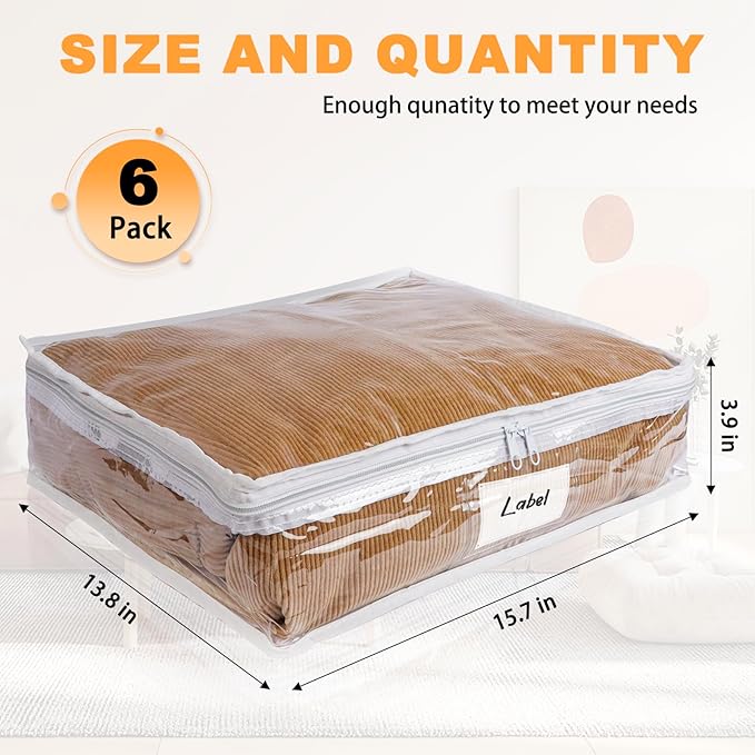Clear Zippered Storage Bags Plastic Sweater Storage Bags with Zipper 6 Packs Clothing Organizer for Blankets Linen Sweater Bed Sheet Quilt Clothes Pillow (15.7 x 13.8 x 3.9 Inch)