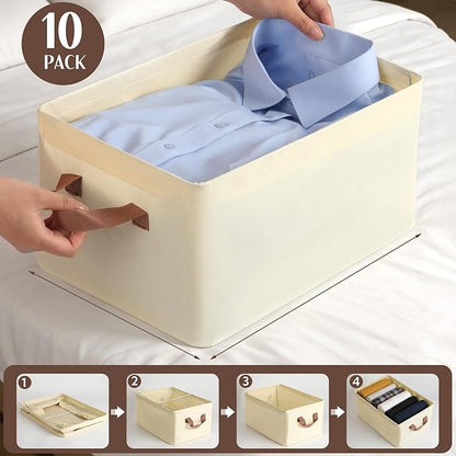 VZZNN 10 Pack Fabric Storage Bins for Shelves, Medium Closet Organizer Baskets with Sturdy Handles, Collapsible Clothes Bins for Closet Organization, Beige 15"x10"x8"