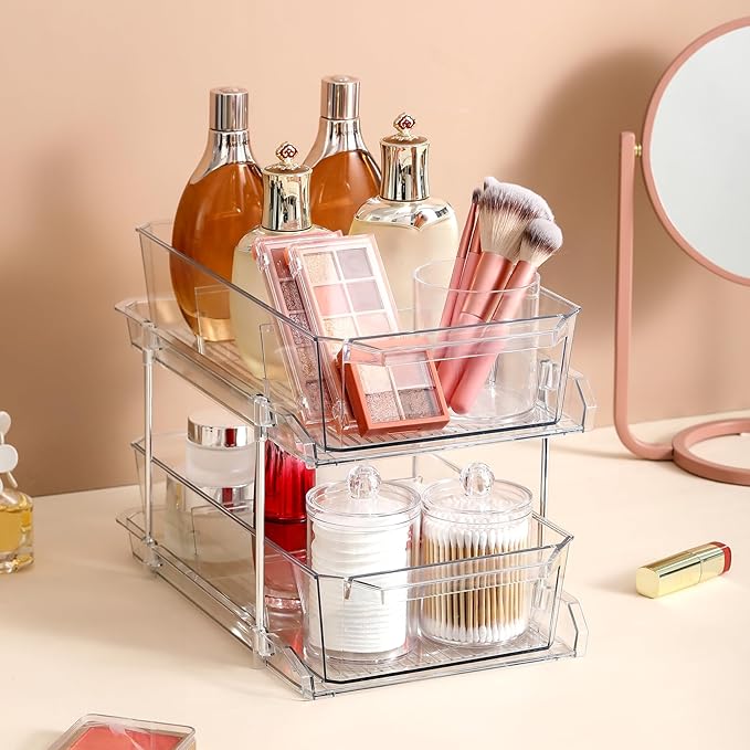 2 Set, 2 Tier Clear Organizer with Dividers for Cabinet, Shlef, Counter - MultiUse Slide-Out Storage Container - Kitchen, Pantry, Medicine Cupboard Bins, Bathroom, Vanity Makeup, Under Sink Organizing