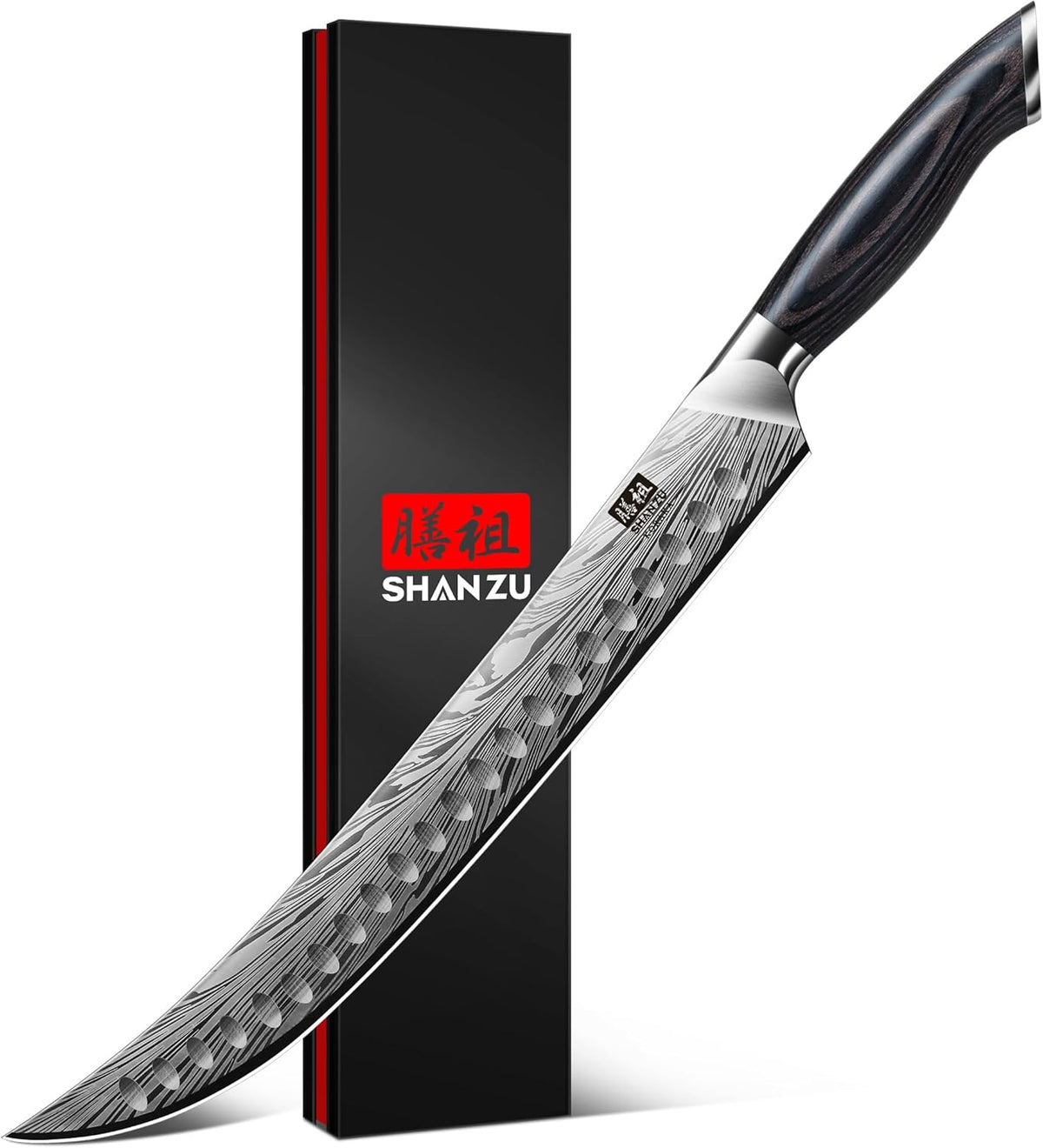 Shan ZU Butcher Knife in High Carbon Powder Steel, 12 Inch Brisket Knife for Meat Cutting, Carving and Slicing Knives with Ergonomic Pakkawood Handle
