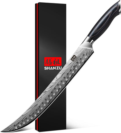Shan ZU Butcher Knife in High Carbon Powder Steel, 12 Inch Brisket Knife for Meat Cutting, Carving and Slicing Knives with Ergonomic Pakkawood Handle