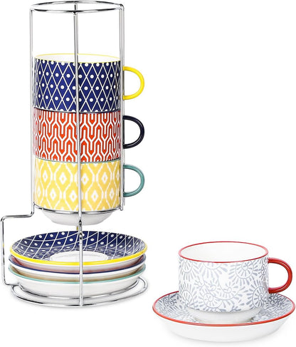 Selamica Ceramic Cappuccino Cups with Saucers and Metal Stand, 8 OZ Stackable Espresso Coffee Cups for Coffee, Latte, Americano, Tea, Set of 4