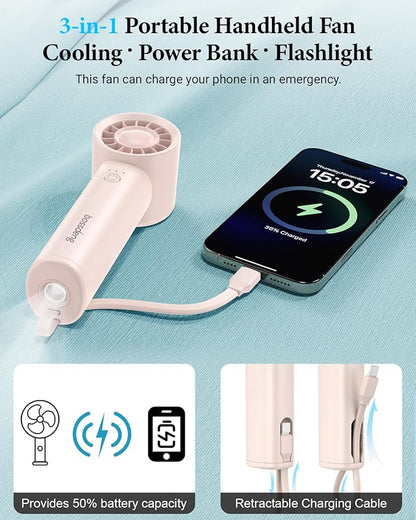 Portable Handheld Fan with Power Bank(High-Speed),3 IN 1 USB Rechargeable Mini Personal Fan with Flashlight,Small Size for Outdoor/Travel/Beach/Concerts/Summer.Gifts for Girl,Women.Pink